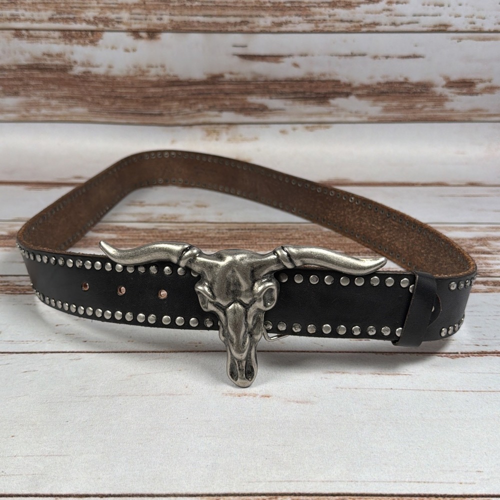 Forest & Culver Western Belt Size M Black Leather Bull Skull Studded Wide 2"